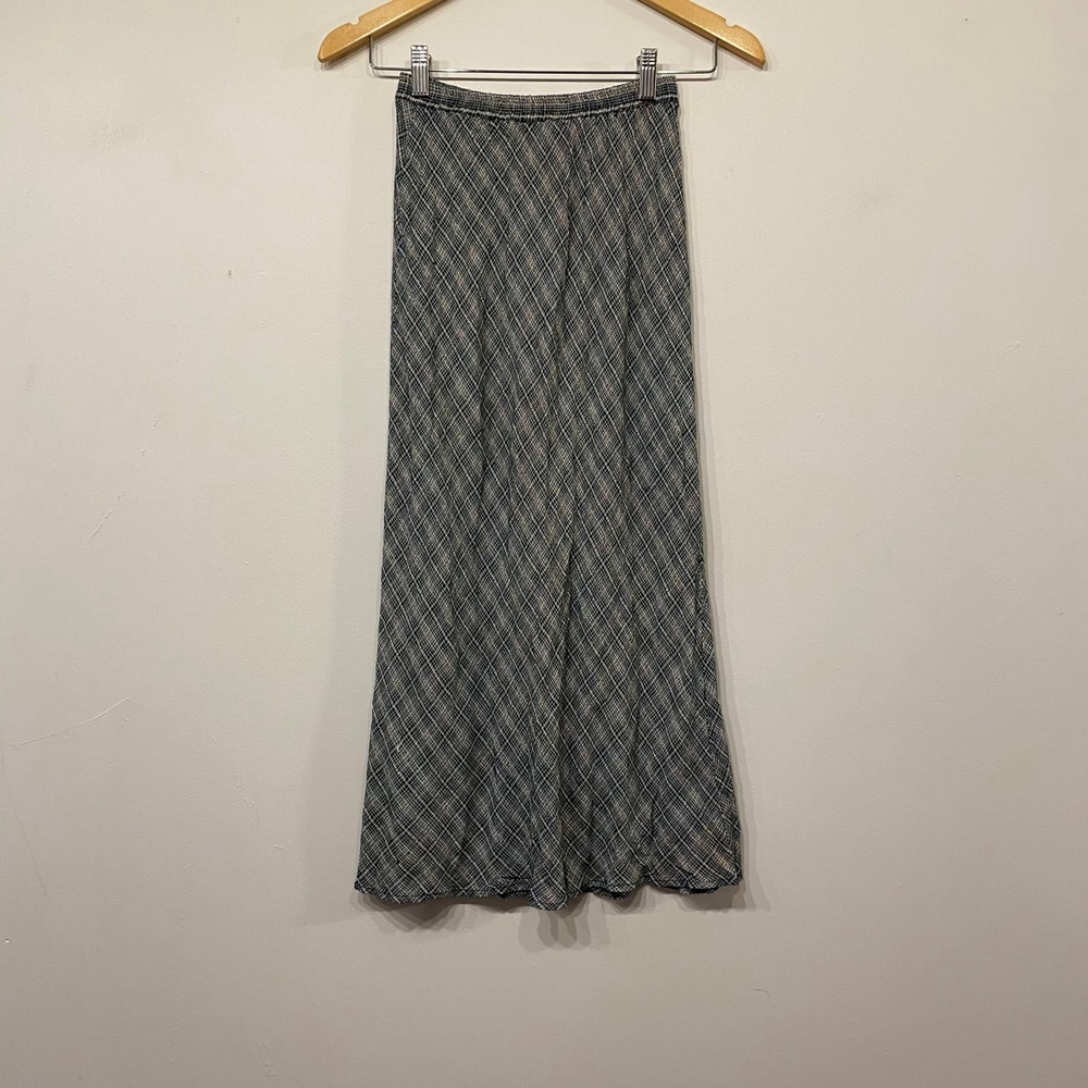 Vintage Plaid Maxi Skirt Blue Elastic Waist A-Line Long Skirt Small Boho Peasant